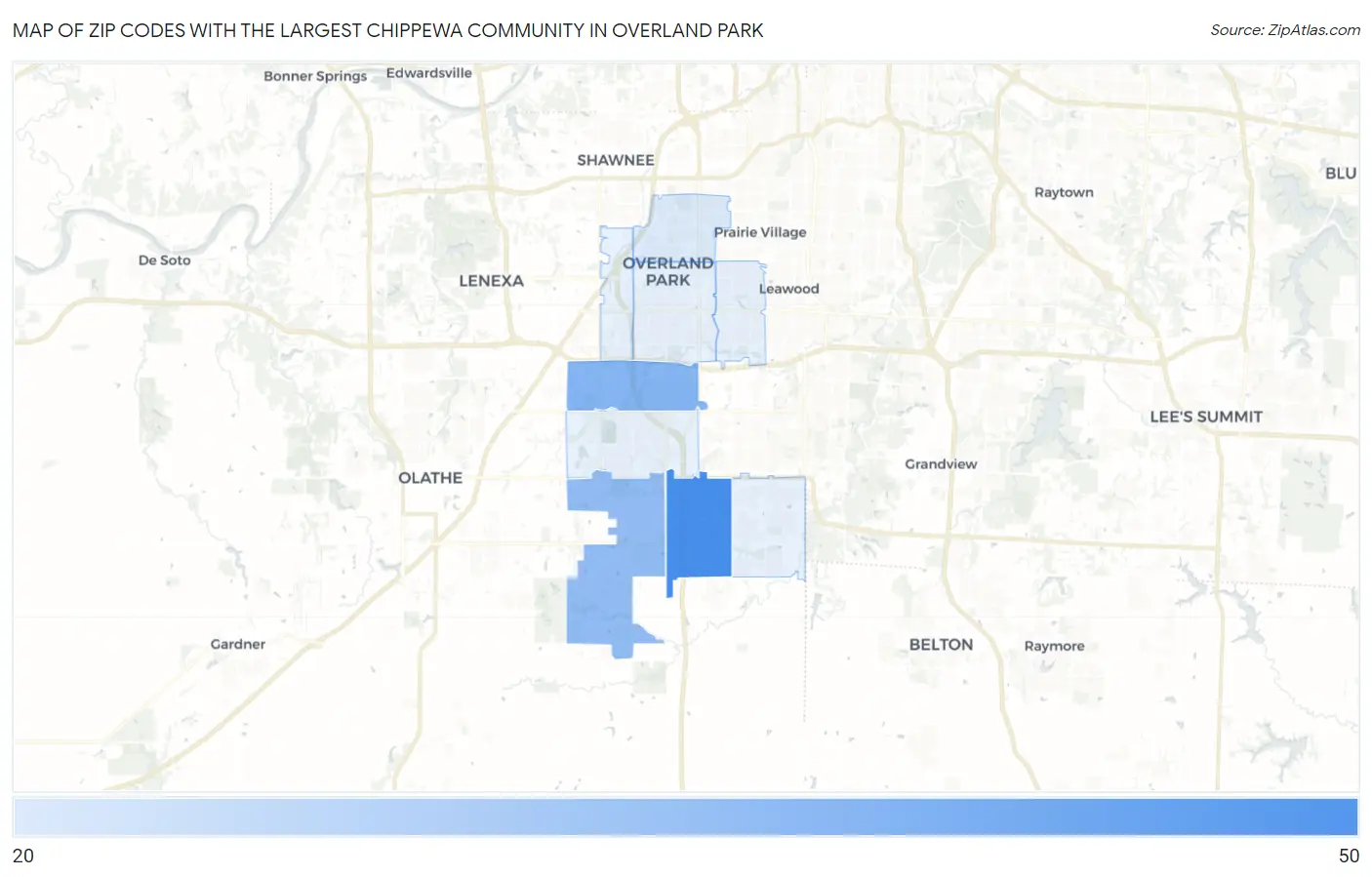 Zip Codes with the Largest Chippewa Community in Overland Park Map