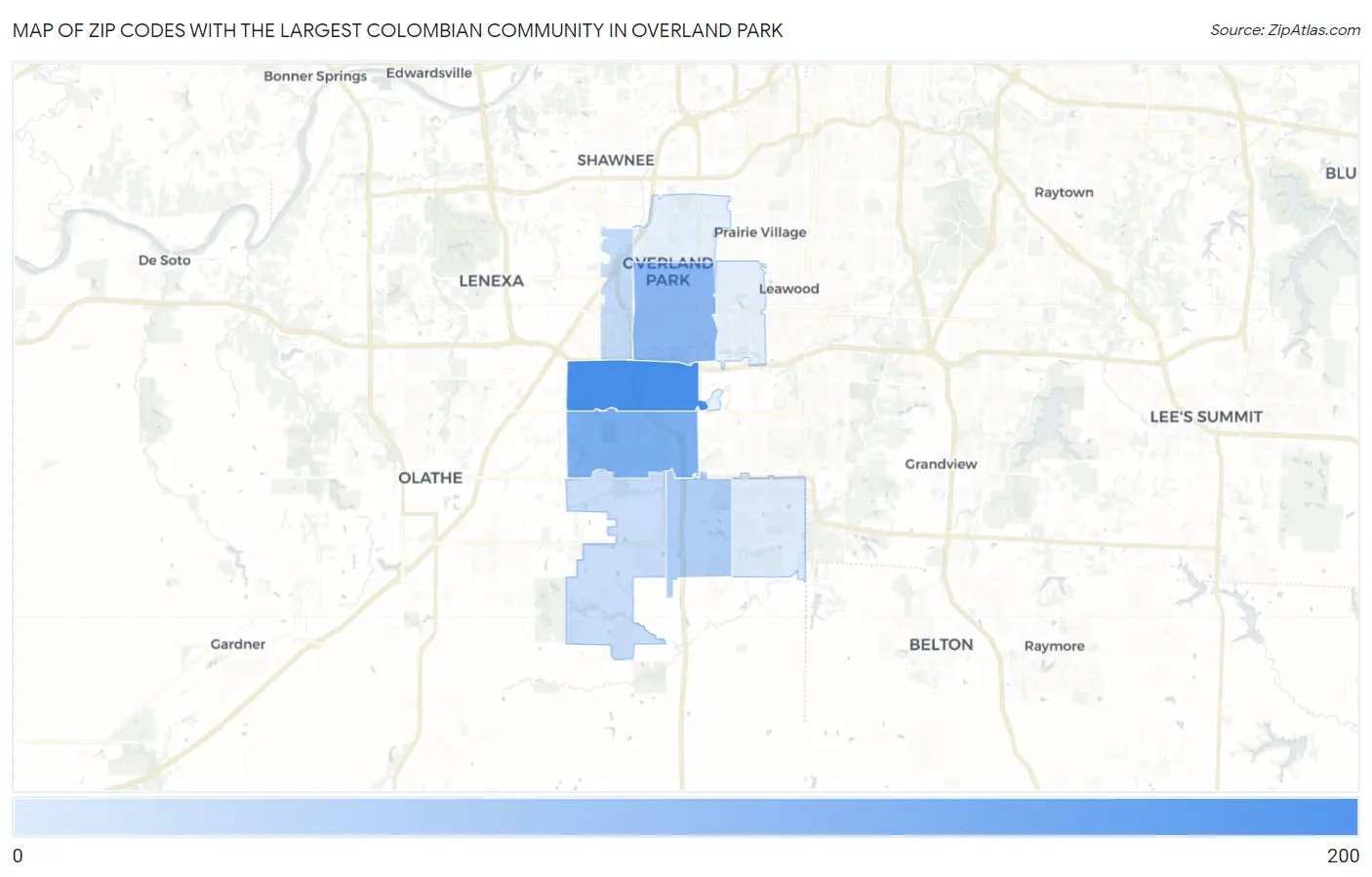 Zip Codes with the Largest Colombian Community in Overland Park Map