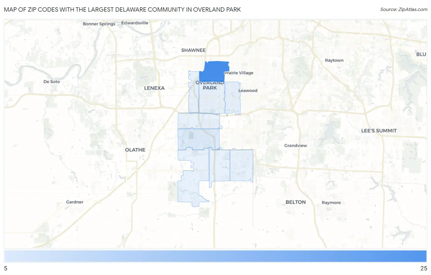 Zip Codes with the Largest Delaware Community in Overland Park Map