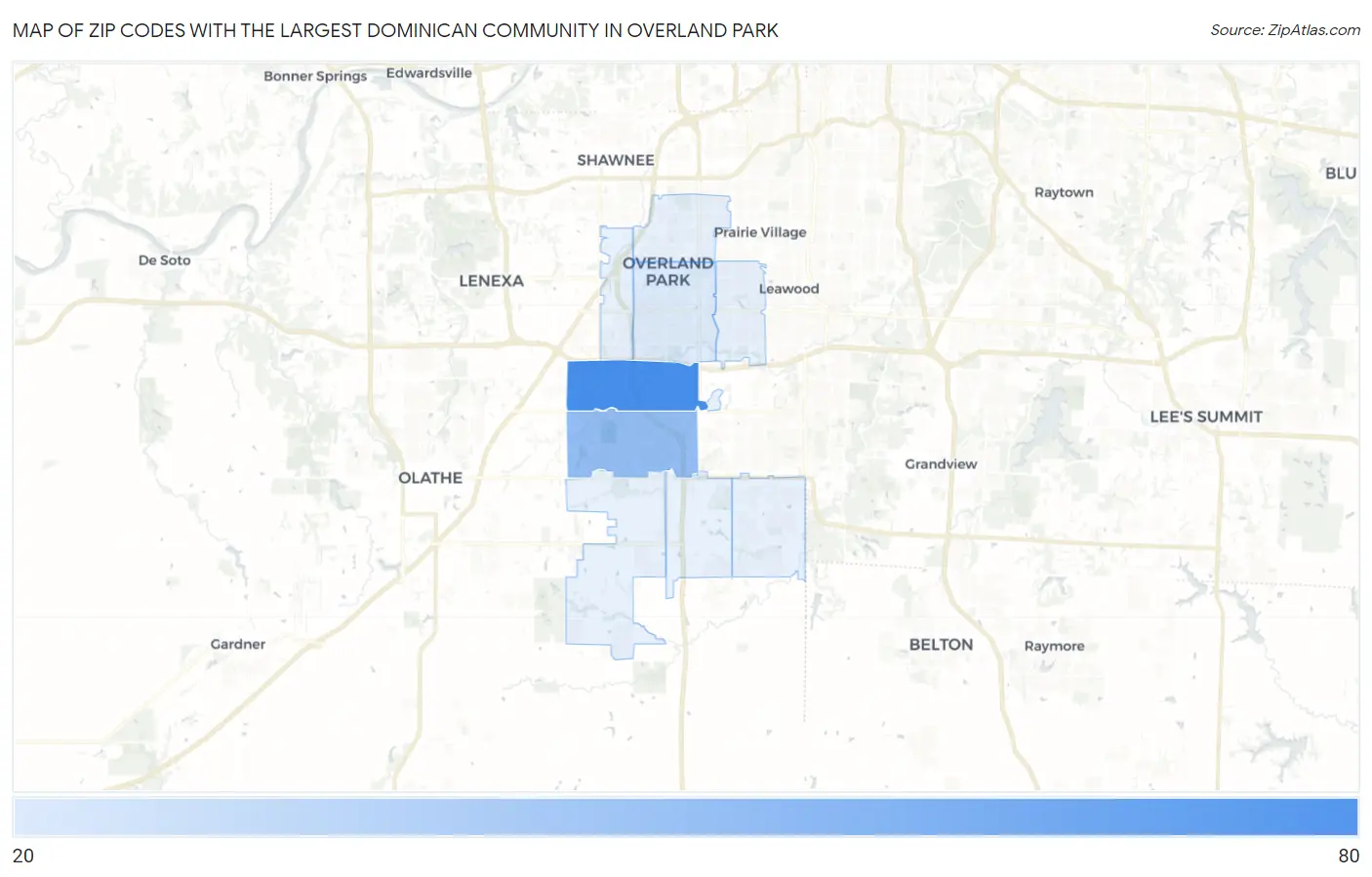 Zip Codes with the Largest Dominican Community in Overland Park Map