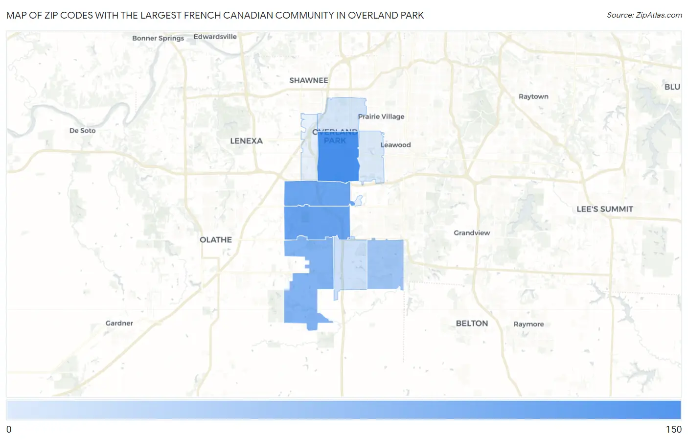Zip Codes with the Largest French Canadian Community in Overland Park Map