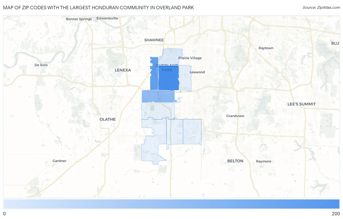 Zip Codes with the Largest Honduran Community in Overland Park Map