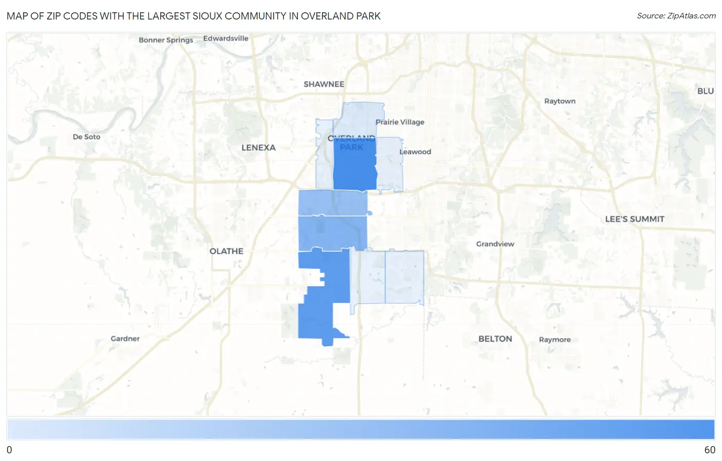 Zip Codes with the Largest Sioux Community in Overland Park Map