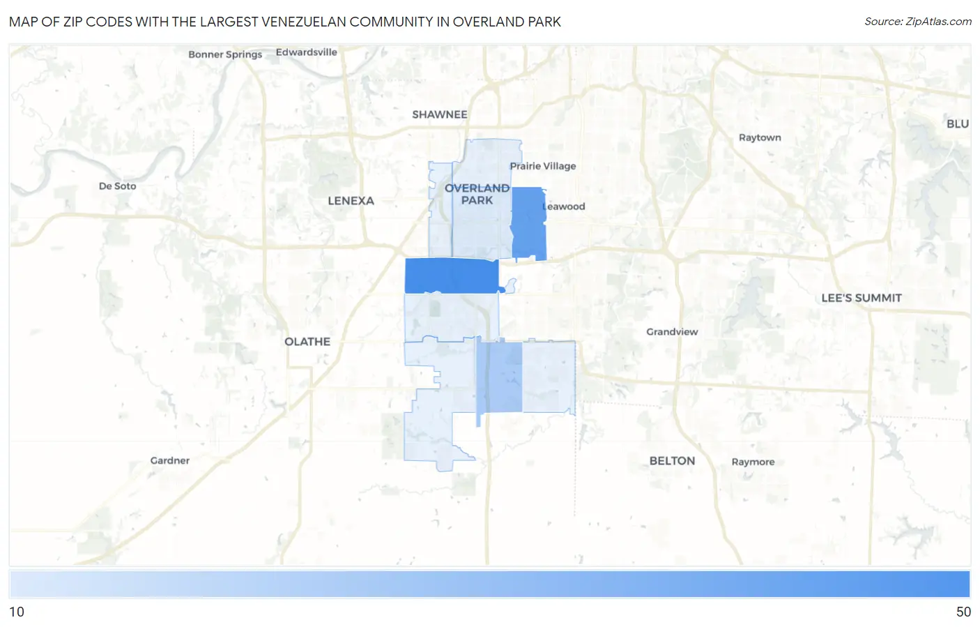 Zip Codes with the Largest Venezuelan Community in Overland Park Map