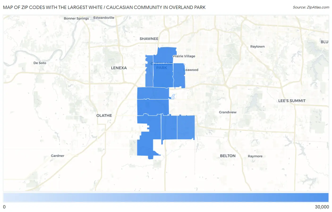 Zip Codes with the Largest White / Caucasian Community in Overland Park Map