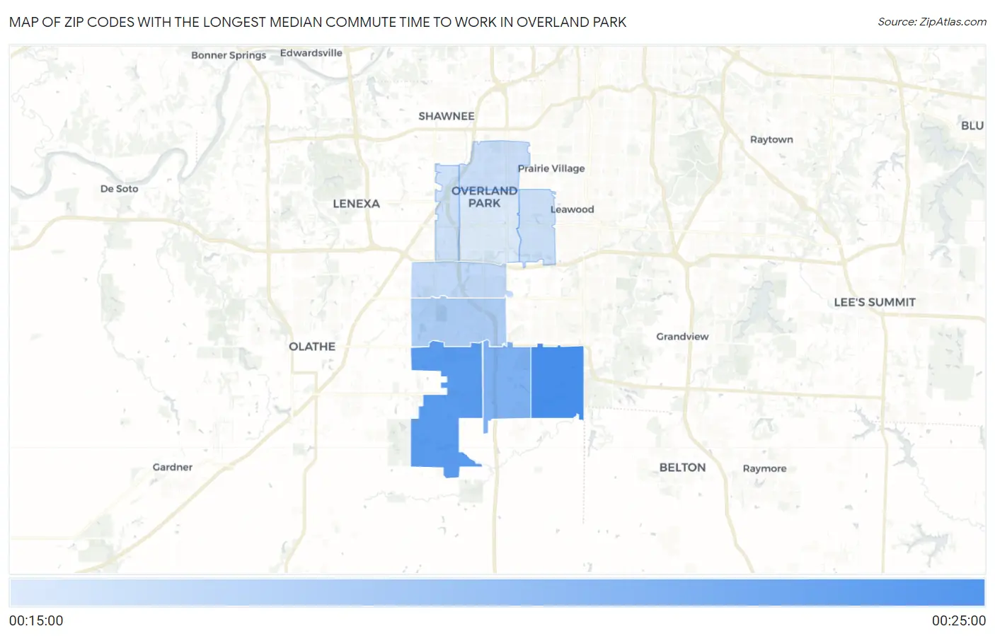 Zip Codes with the Longest Median Commute Time to Work in Overland Park Map