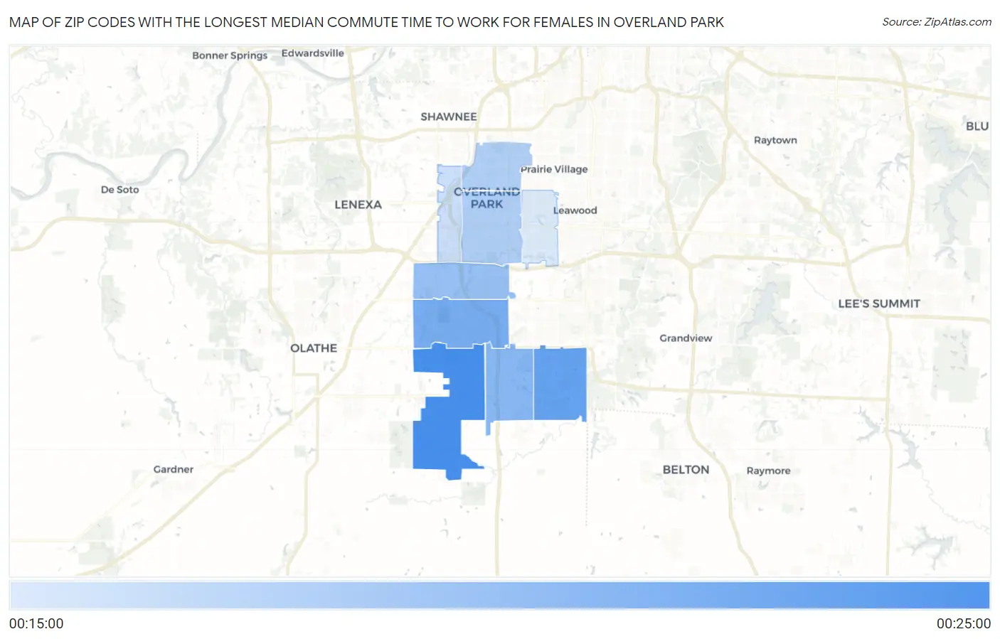 Zip Codes with the Longest Median Commute Time to Work for Females in Overland Park Map