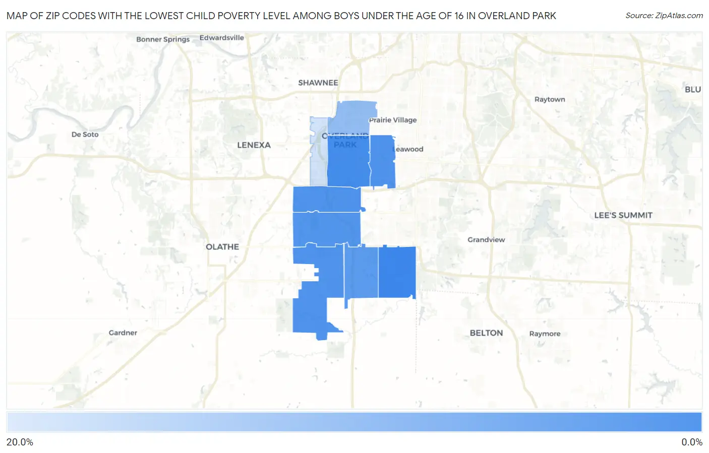 Zip Codes with the Lowest Child Poverty Level Among Boys Under the Age of 16 in Overland Park Map