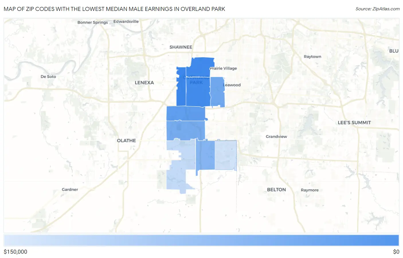 Zip Codes with the Lowest Median Male Earnings in Overland Park Map