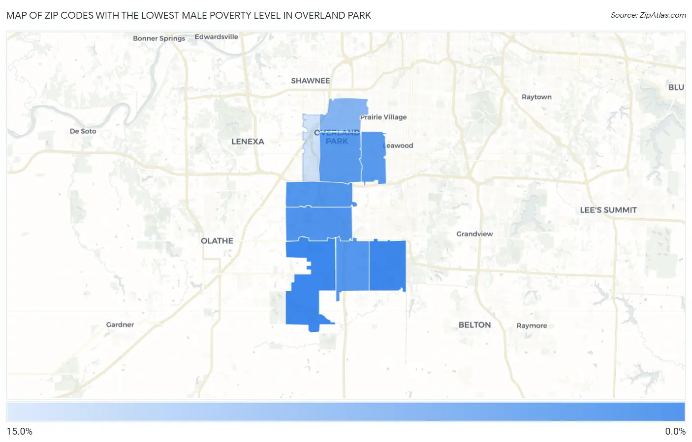 Zip Codes with the Lowest Male Poverty Level in Overland Park Map