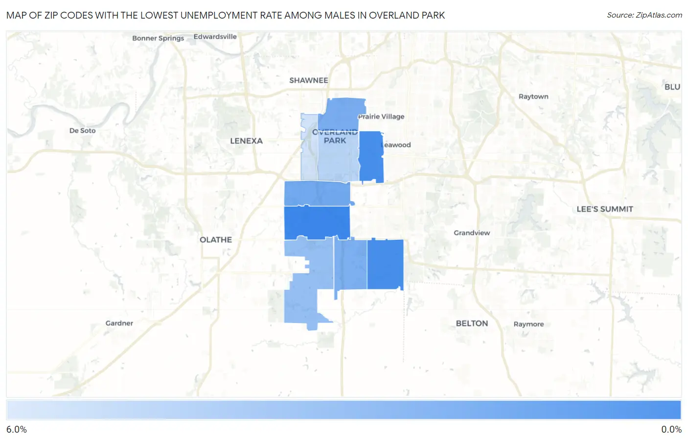 Zip Codes with the Lowest Unemployment Rate Among Males in Overland Park Map