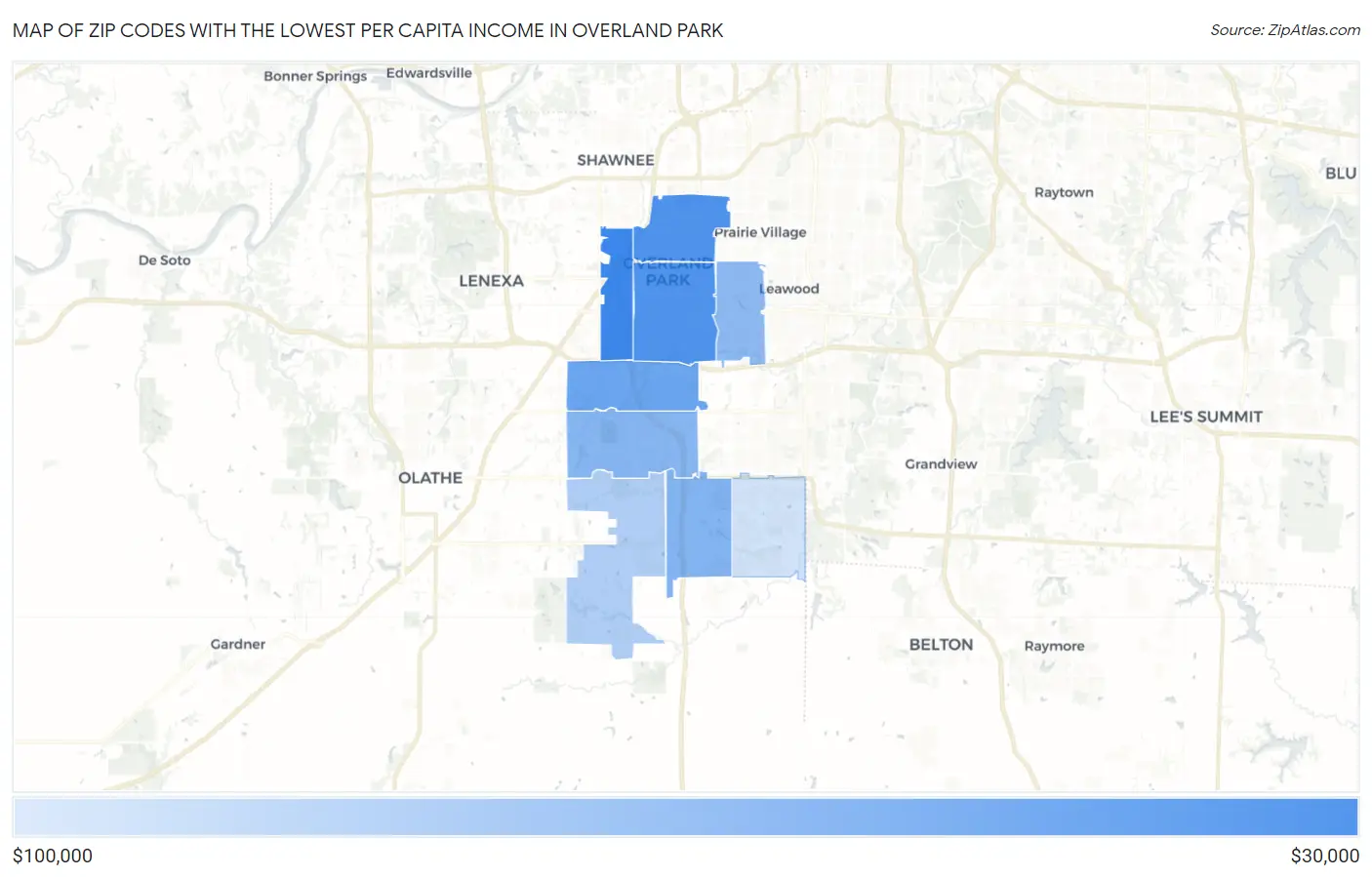 Zip Codes with the Lowest Per Capita Income in Overland Park Map