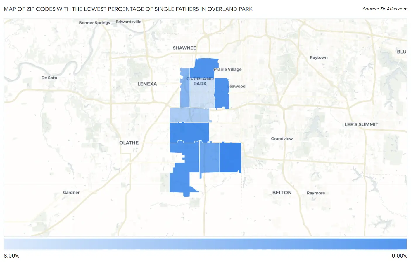 Zip Codes with the Lowest Percentage of Single Fathers in Overland Park Map