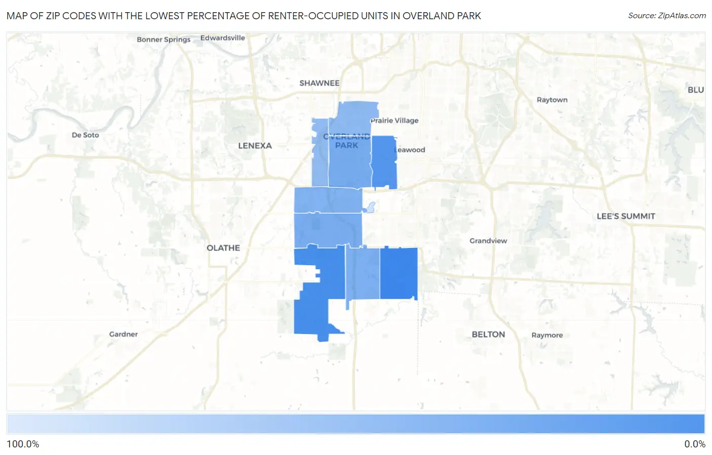 Zip Codes with the Lowest Percentage of Renter-Occupied Units in Overland Park Map