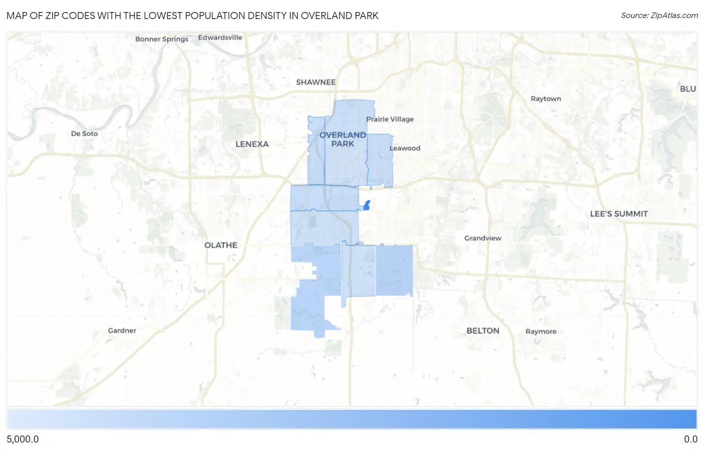 Zip Codes with the Lowest Population Density in Overland Park Map