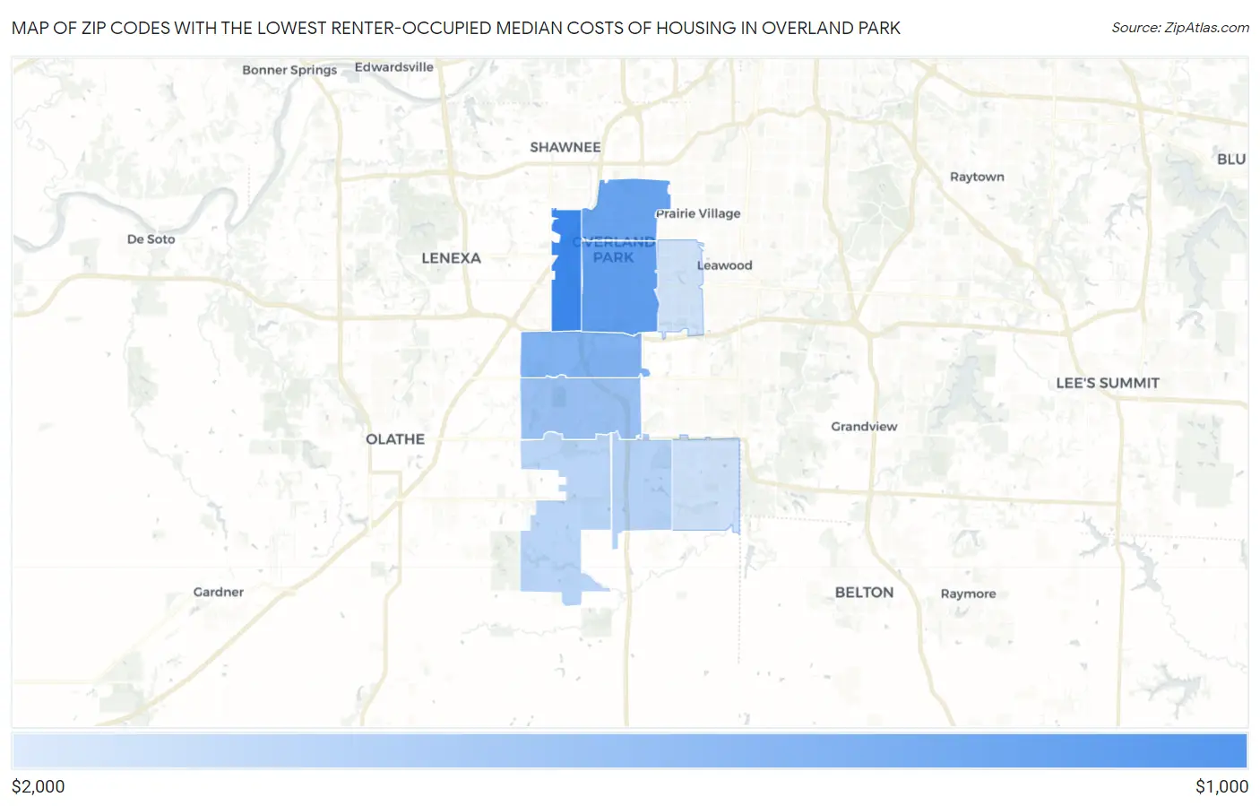 Zip Codes with the Lowest Renter-Occupied Median Costs of Housing in Overland Park Map