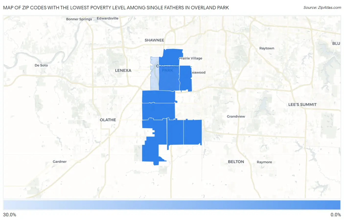 Zip Codes with the Lowest Poverty Level Among Single Fathers in Overland Park Map