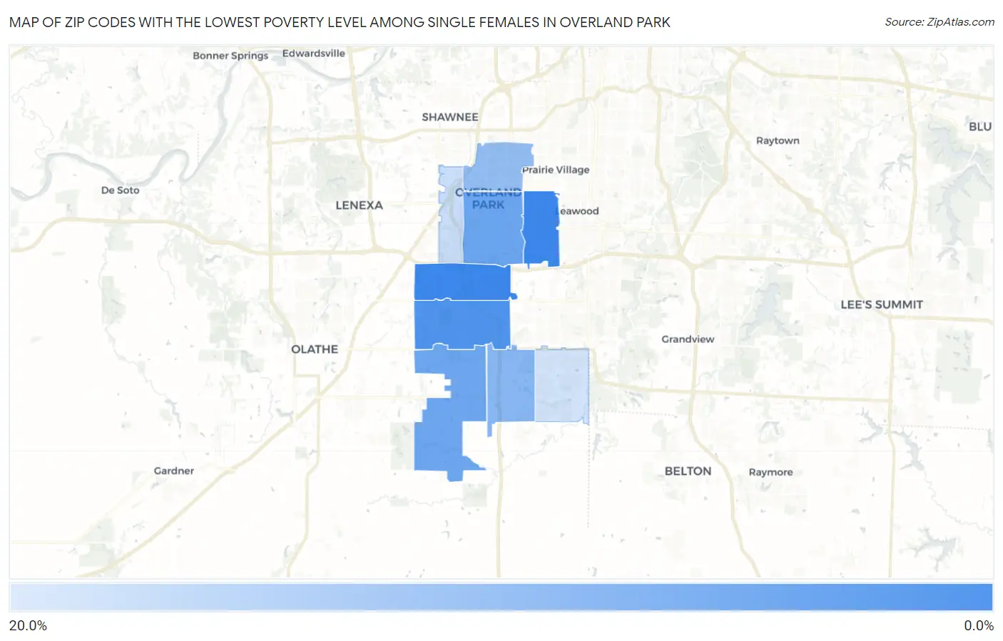 Zip Codes with the Lowest Poverty Level Among Single Females in Overland Park Map