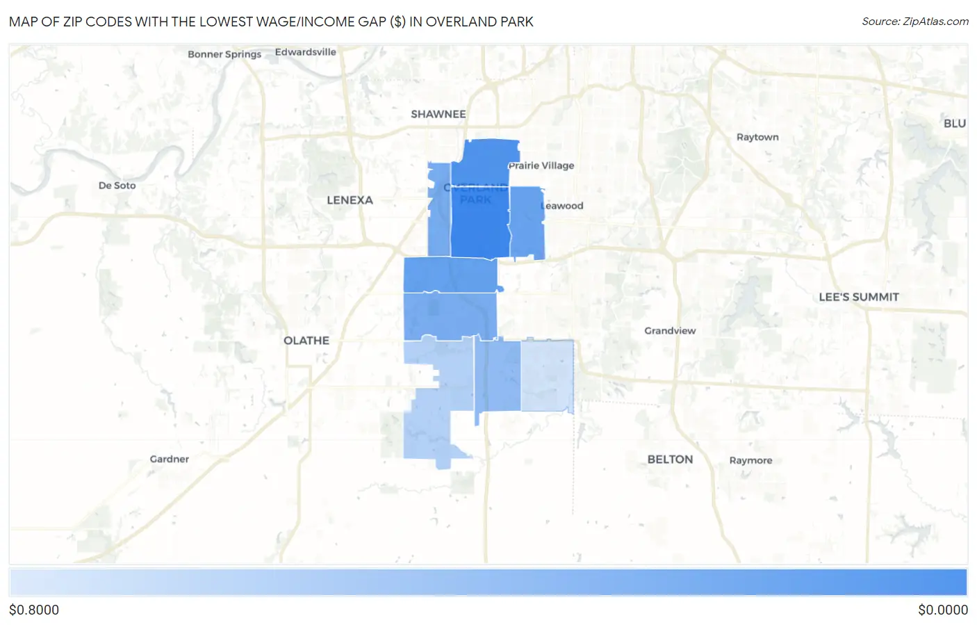 Zip Codes with the Lowest Wage/Income Gap ($) in Overland Park Map