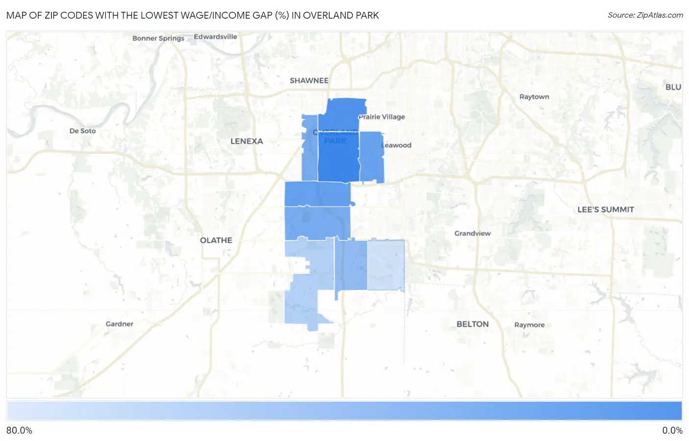 Zip Codes with the Lowest Wage/Income Gap (%) in Overland Park Map