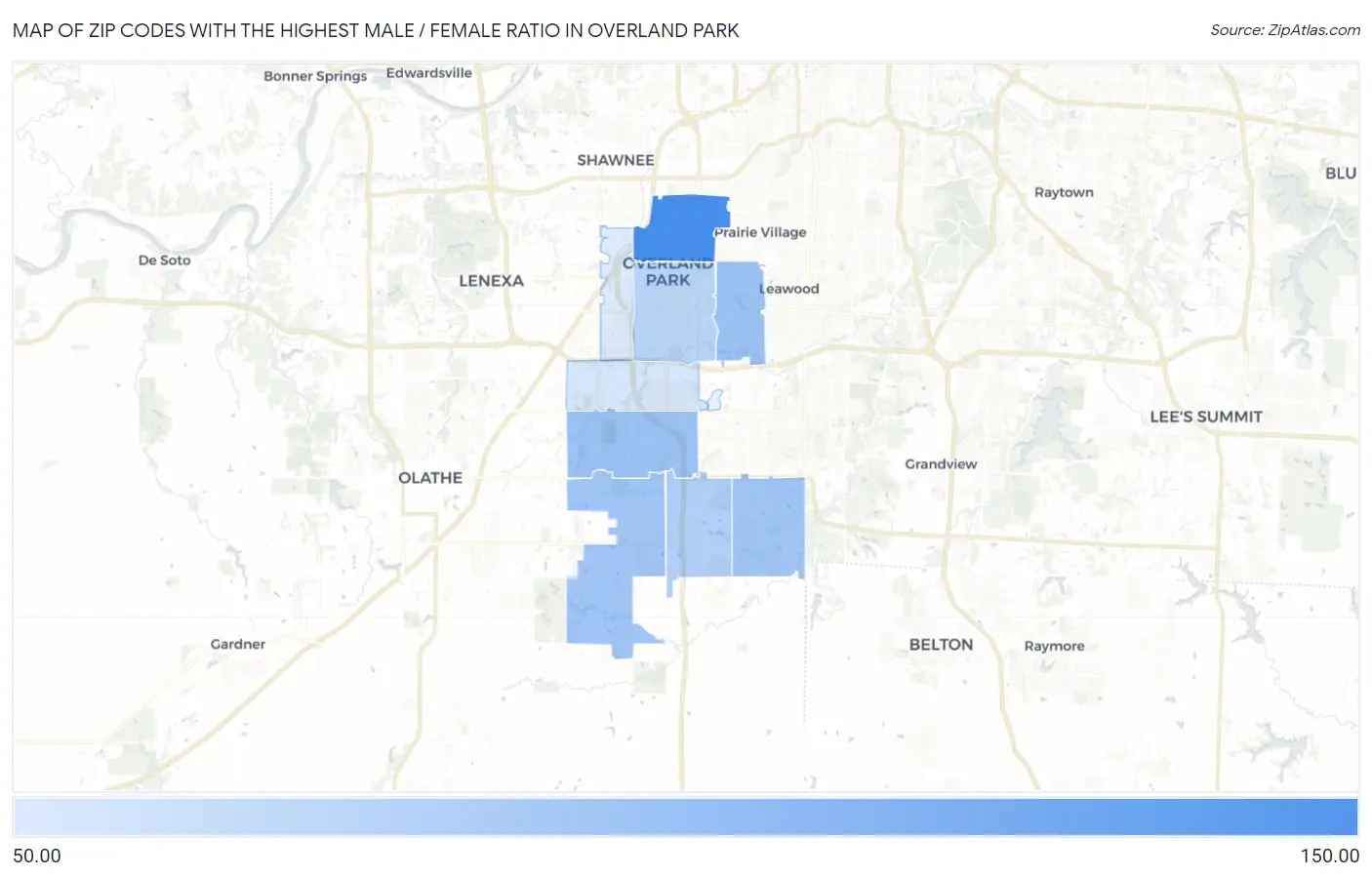 Zip Codes with the Highest Male / Female Ratio in Overland Park Map