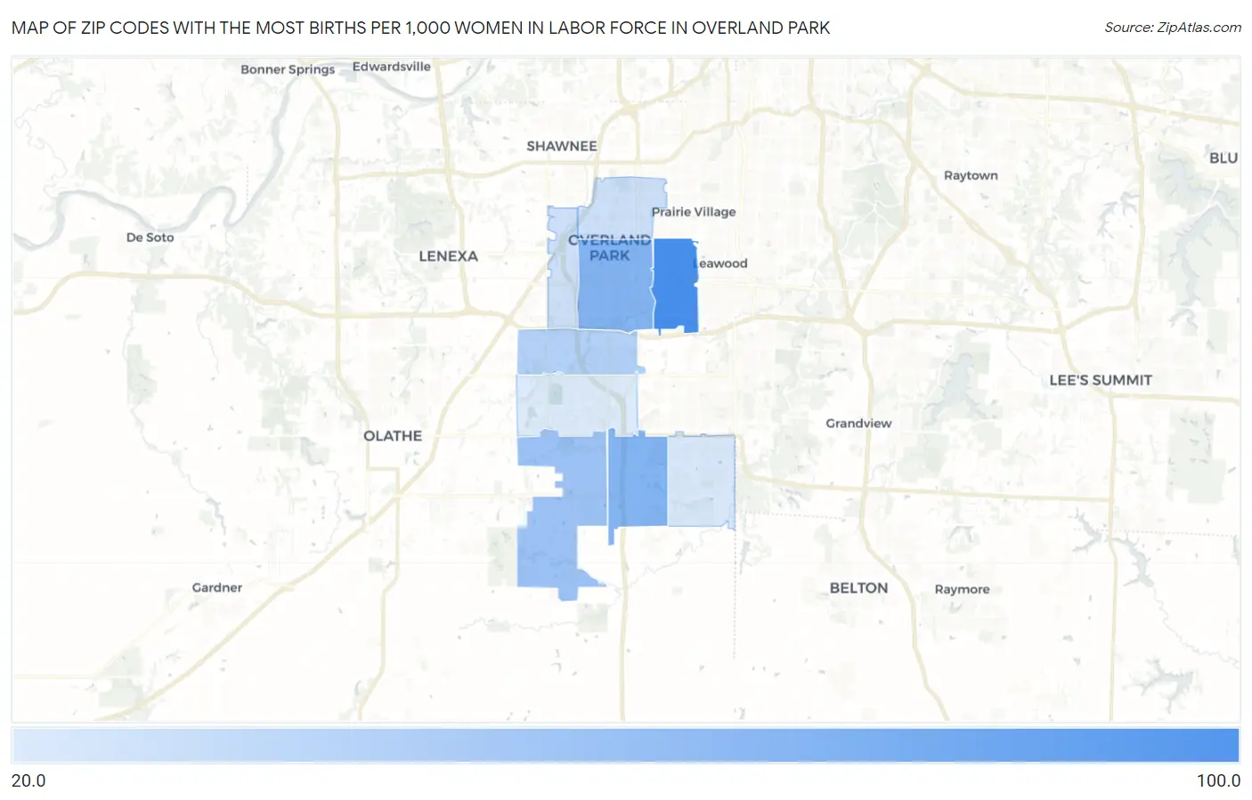 Zip Codes with the Most Births per 1,000 Women in Labor Force in Overland Park Map