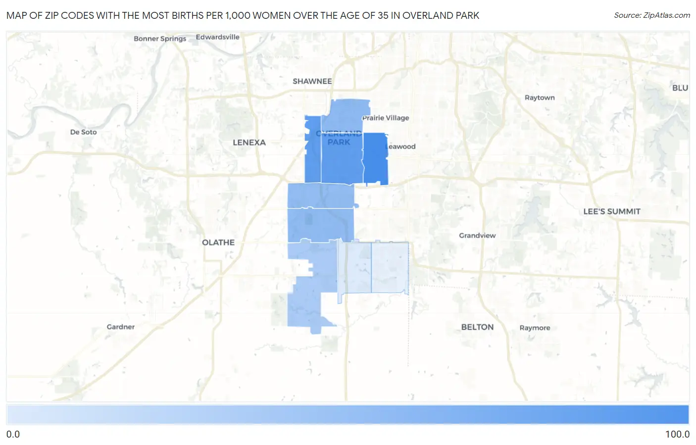 Zip Codes with the Most Births per 1,000 Women Over the Age of 35 in Overland Park Map