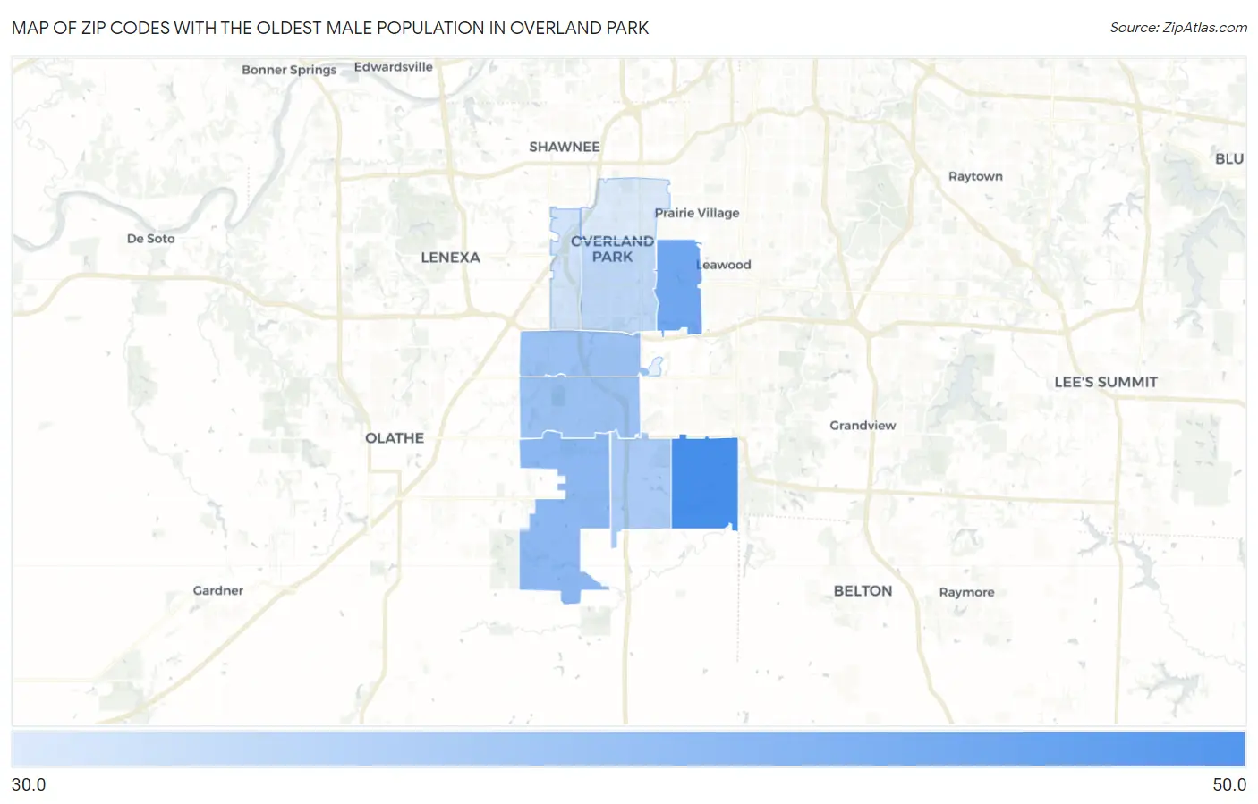 Zip Codes with the Oldest Male Population in Overland Park Map
