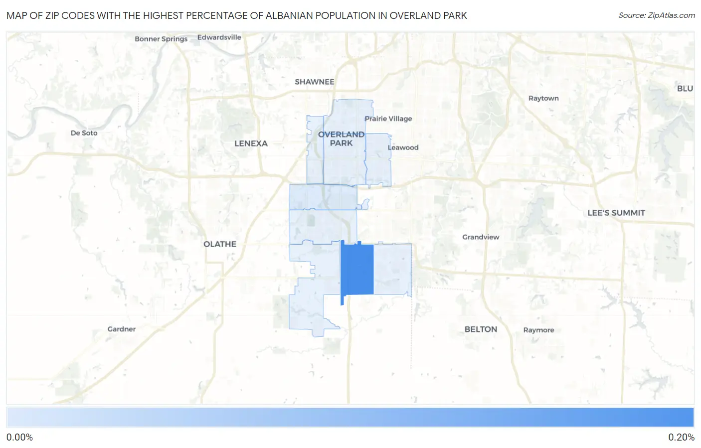 Zip Codes with the Highest Percentage of Albanian Population in Overland Park Map