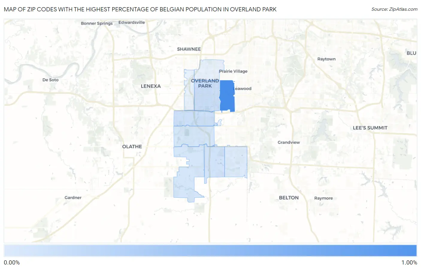 Zip Codes with the Highest Percentage of Belgian Population in Overland Park Map