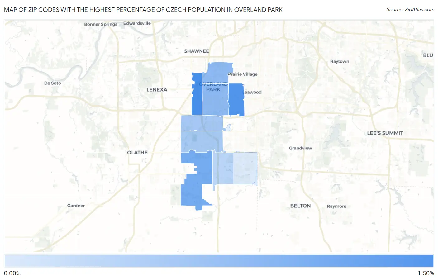 Zip Codes with the Highest Percentage of Czech Population in Overland Park Map