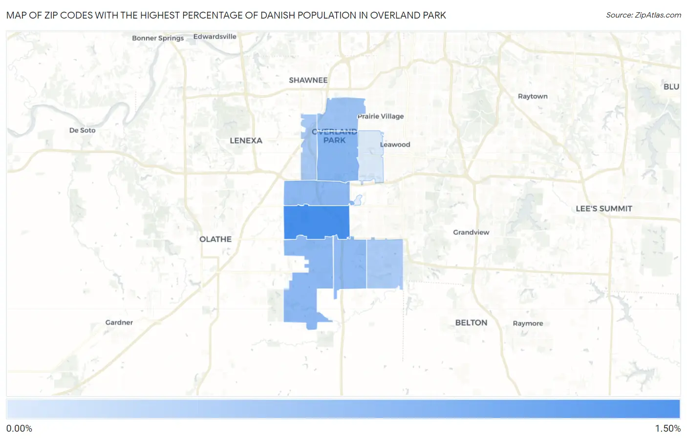Zip Codes with the Highest Percentage of Danish Population in Overland Park Map