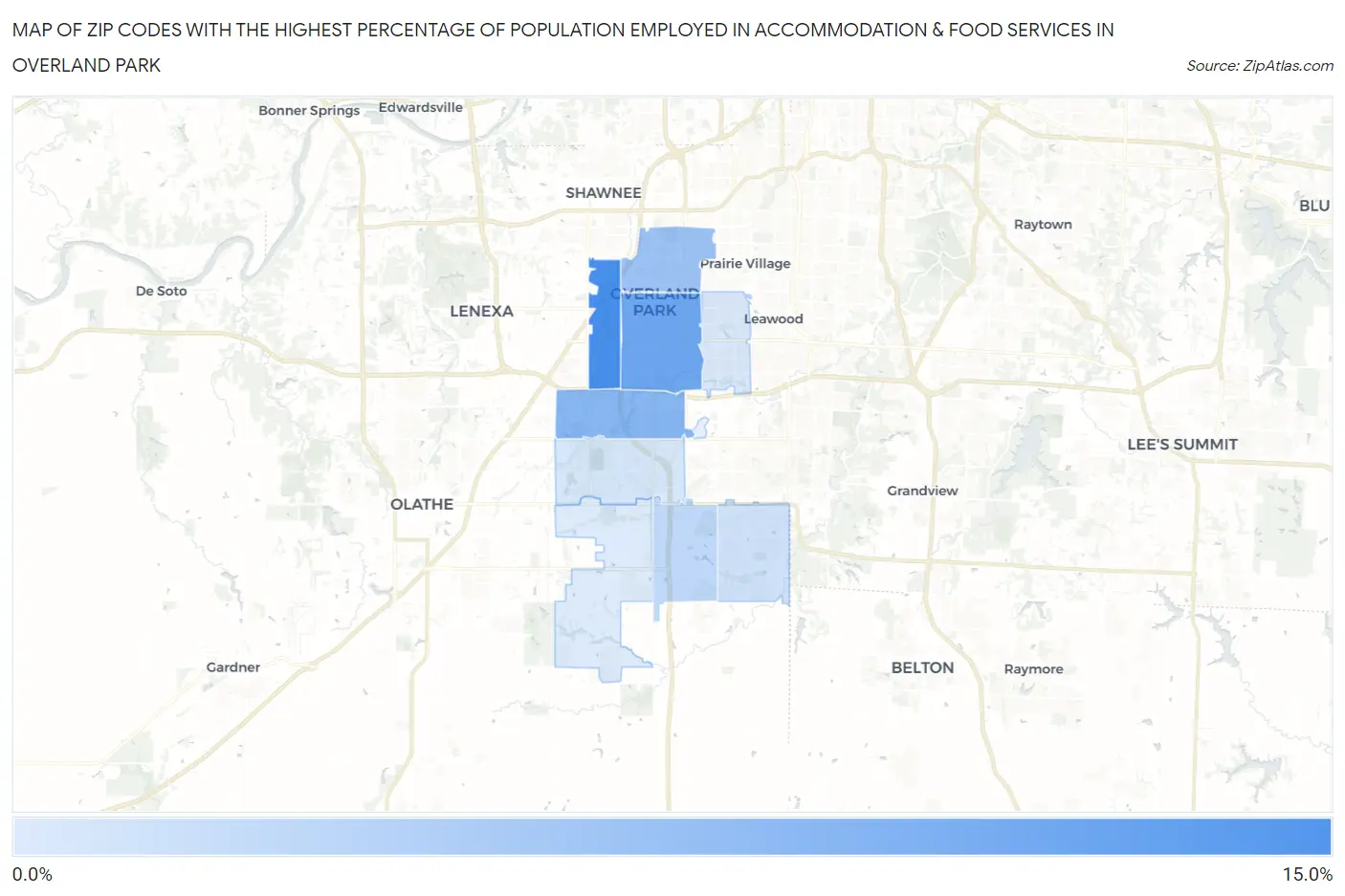 Zip Codes with the Highest Percentage of Population Employed in Accommodation & Food Services in Overland Park Map