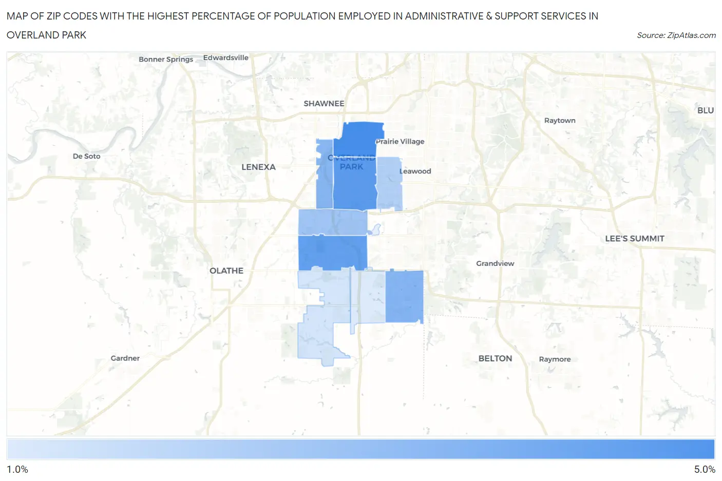 Zip Codes with the Highest Percentage of Population Employed in Administrative & Support Services in Overland Park Map
