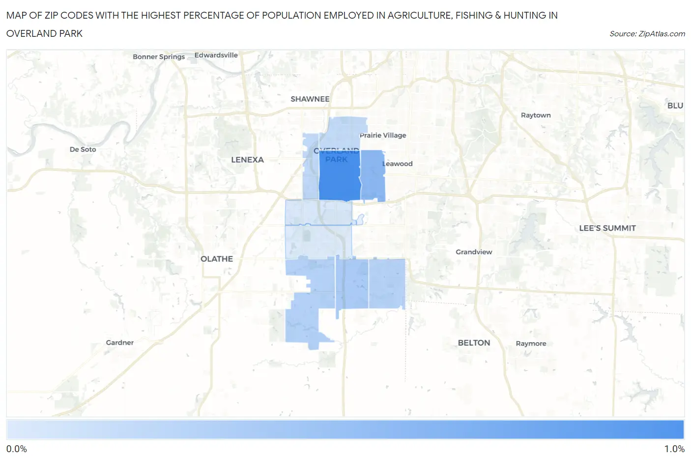 Zip Codes with the Highest Percentage of Population Employed in Agriculture, Fishing & Hunting in Overland Park Map