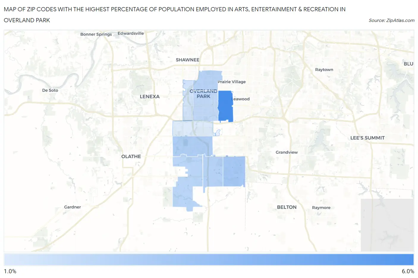 Zip Codes with the Highest Percentage of Population Employed in Arts, Entertainment & Recreation in Overland Park Map