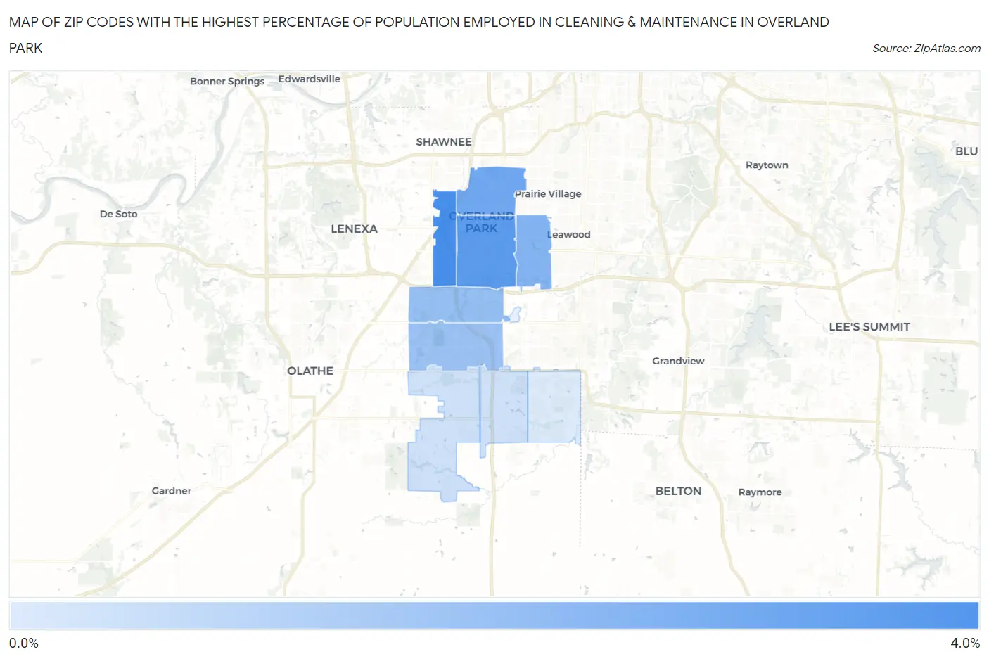 Zip Codes with the Highest Percentage of Population Employed in Cleaning & Maintenance in Overland Park Map