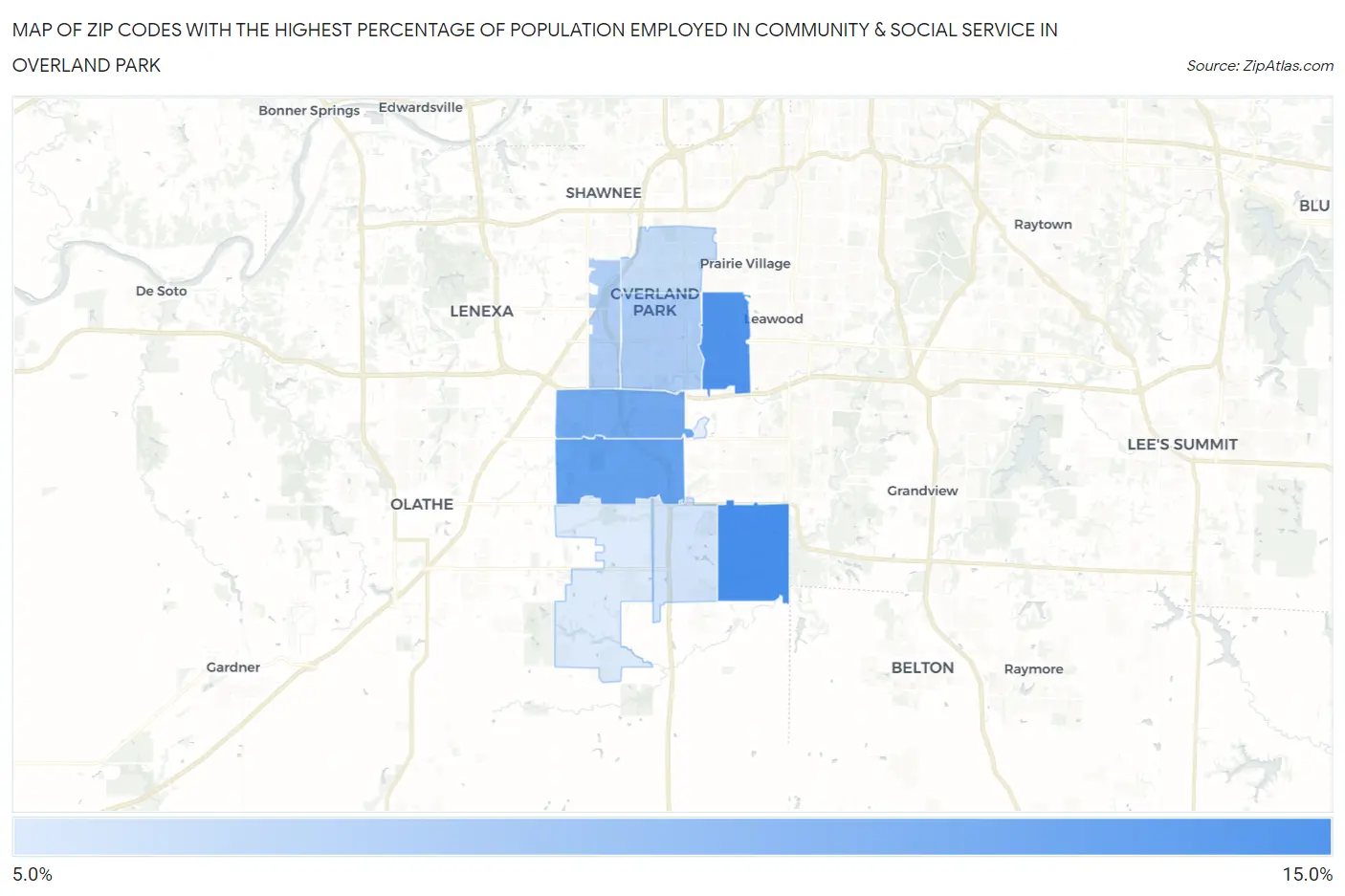 Zip Codes with the Highest Percentage of Population Employed in Community & Social Service  in Overland Park Map