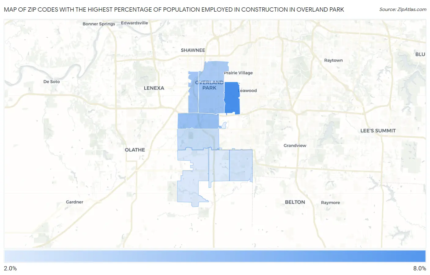 Zip Codes with the Highest Percentage of Population Employed in Construction in Overland Park Map