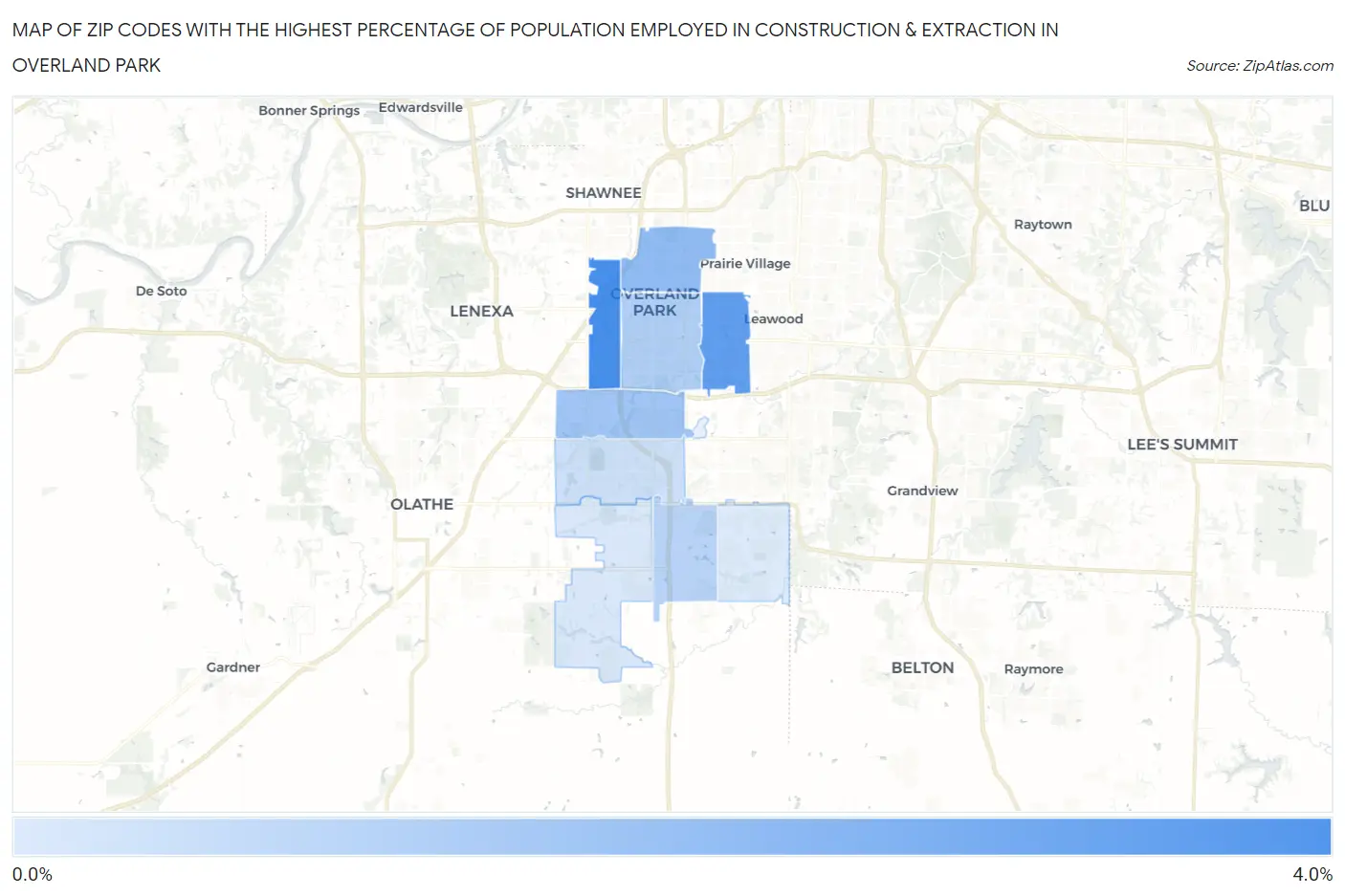 Zip Codes with the Highest Percentage of Population Employed in Construction & Extraction in Overland Park Map
