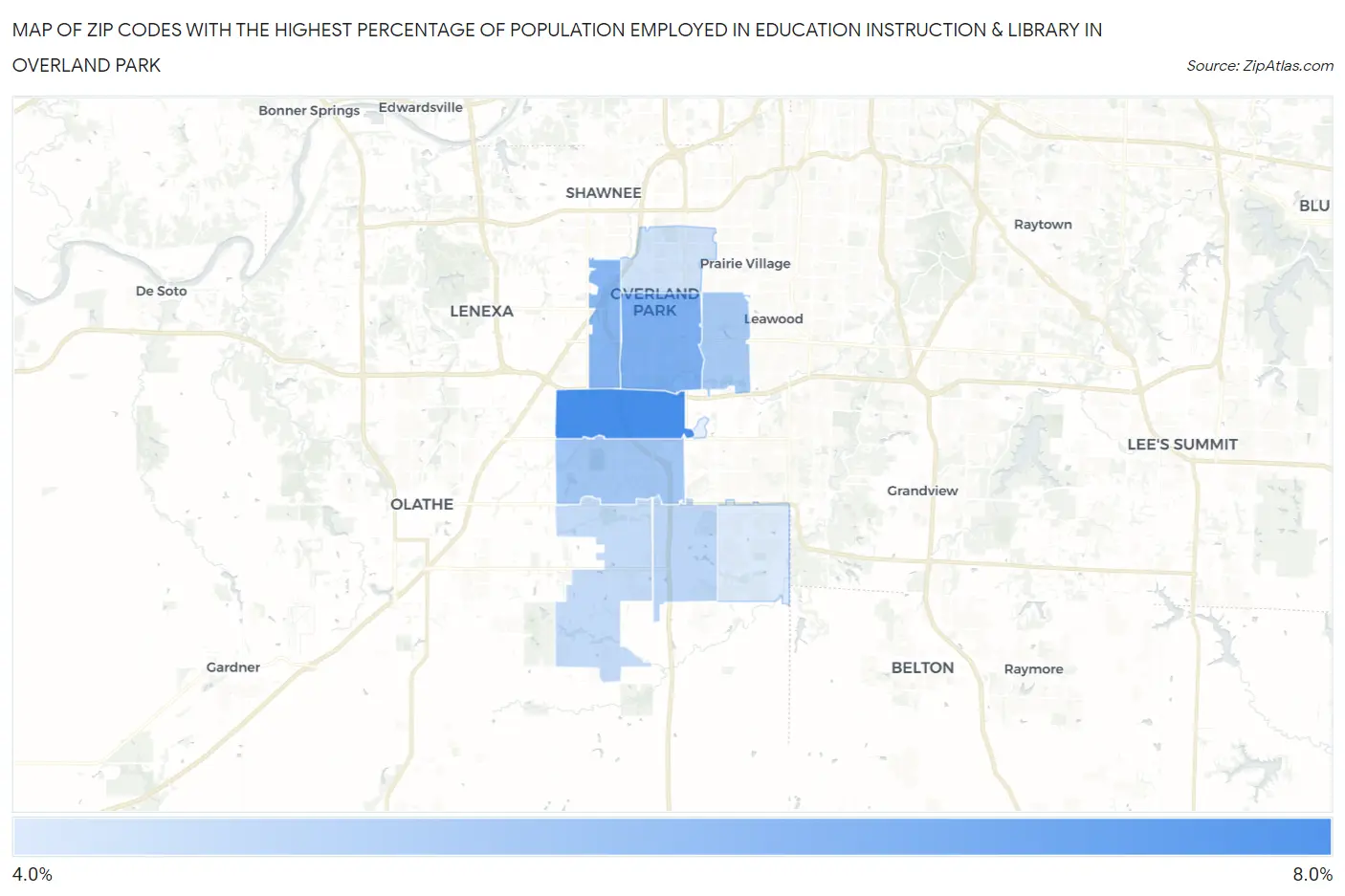 Zip Codes with the Highest Percentage of Population Employed in Education Instruction & Library in Overland Park Map