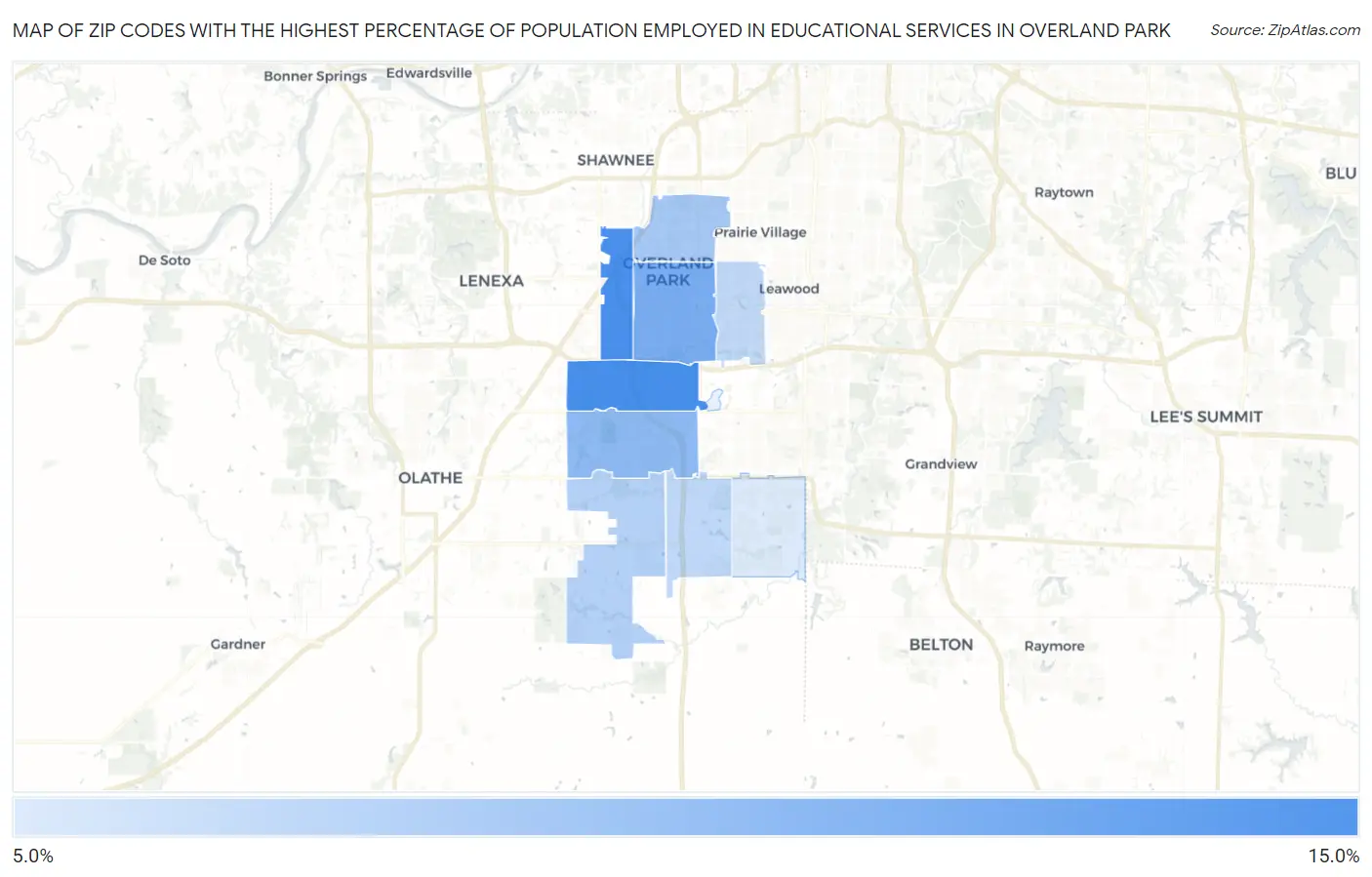 Zip Codes with the Highest Percentage of Population Employed in Educational Services in Overland Park Map