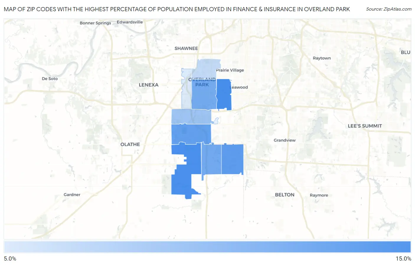 Zip Codes with the Highest Percentage of Population Employed in Finance & Insurance in Overland Park Map