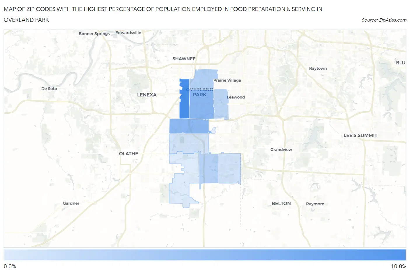 Zip Codes with the Highest Percentage of Population Employed in Food Preparation & Serving in Overland Park Map