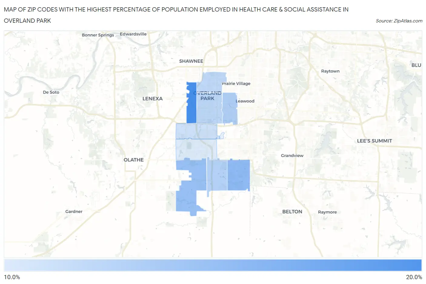 Zip Codes with the Highest Percentage of Population Employed in Health Care & Social Assistance in Overland Park Map