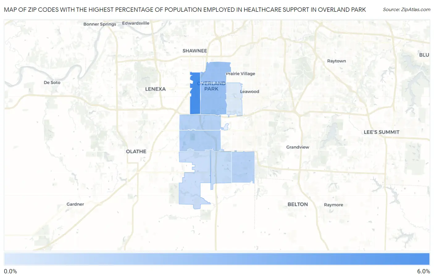 Zip Codes with the Highest Percentage of Population Employed in Healthcare Support in Overland Park Map