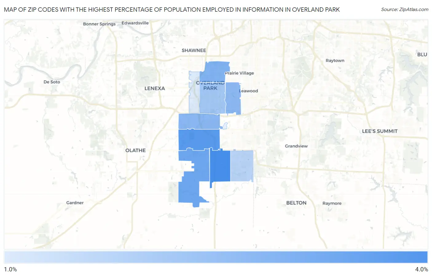 Zip Codes with the Highest Percentage of Population Employed in Information in Overland Park Map