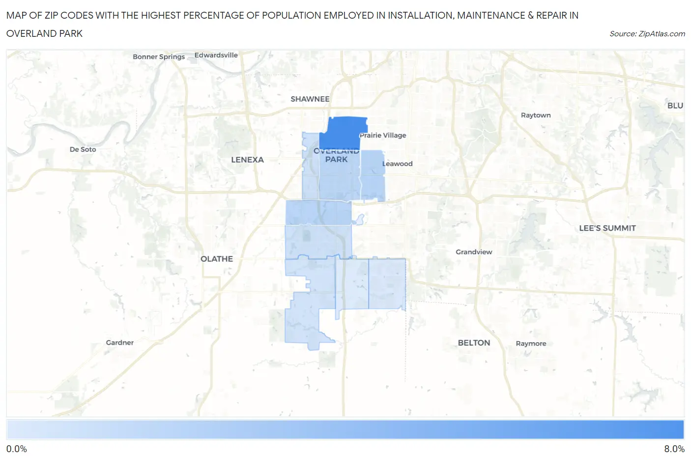Zip Codes with the Highest Percentage of Population Employed in Installation, Maintenance & Repair in Overland Park Map