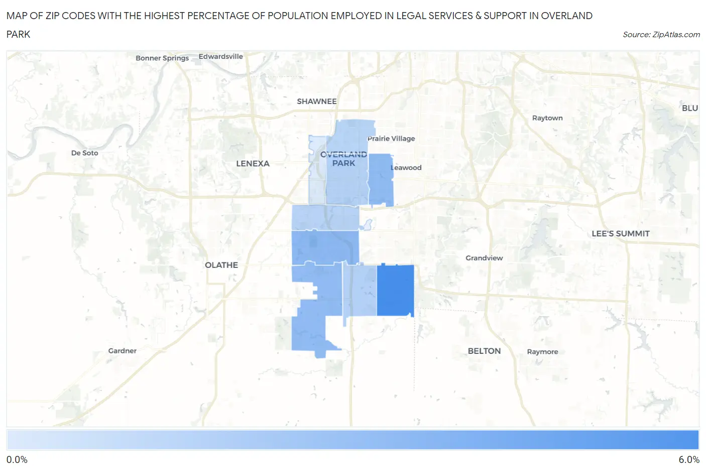 Zip Codes with the Highest Percentage of Population Employed in Legal Services & Support in Overland Park Map