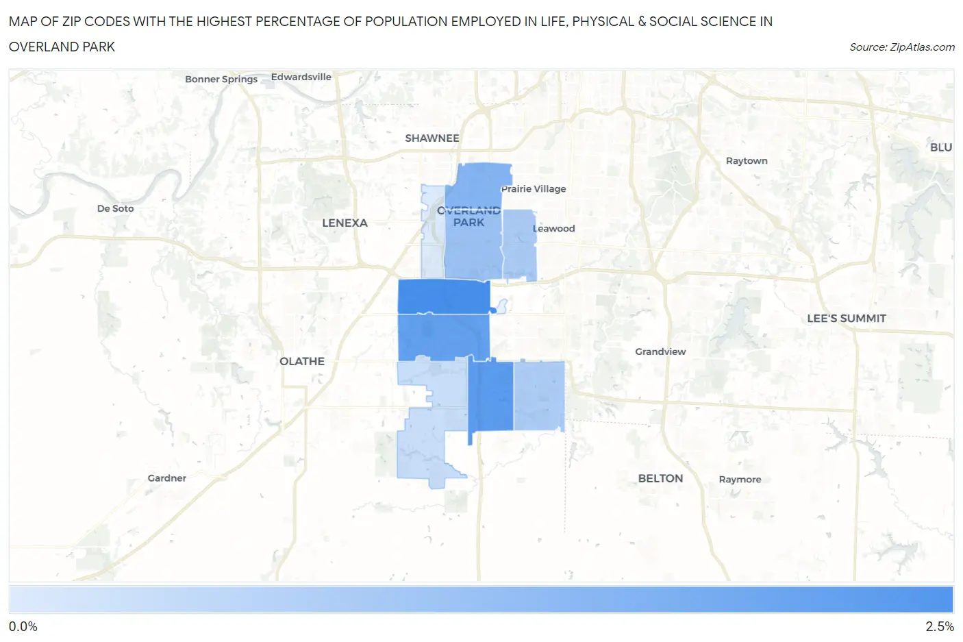Zip Codes with the Highest Percentage of Population Employed in Life, Physical & Social Science in Overland Park Map